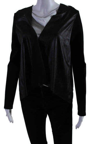 Ellelauri Womens Long Sleeve Open Front Blouse Faux Leather Black Size Small