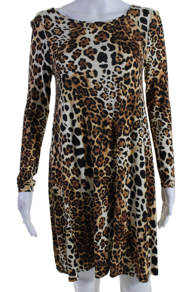 Elle Lauri Womens Pullover Long Sleeve Animal Print Dress Beige Size Medium