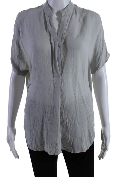 Vince Womens Silk V-Neck Buttoned Short Sleeve Pullover Blouse Top Silver Size S