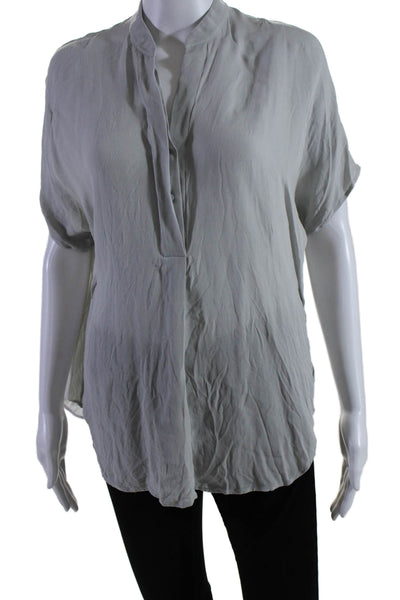 Vince Womens Silk V-Neck Buttoned Short Sleeve Pullover Blouse Top Silver Size S