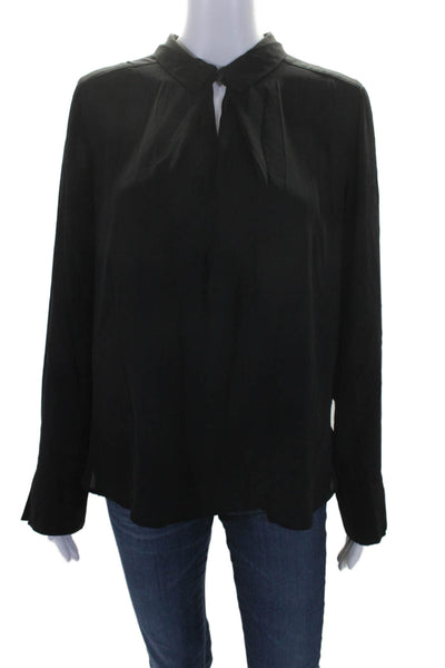 Leith Womens Collared V-Neck Long Sleeve Pullover Blouse Top Black Size M