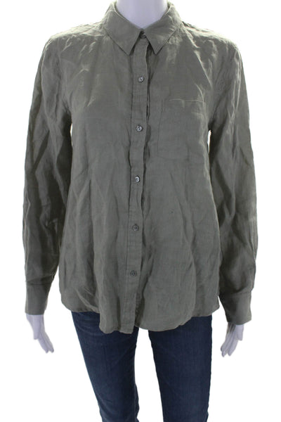 Ecru Womens Linen Collared Long Sleeve Button Up Blouse Top Olive Size S