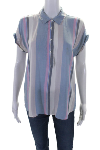 Vince Camuto Womens V-Neck Short Sleeve Button Up Blouse Top Blue Size XS