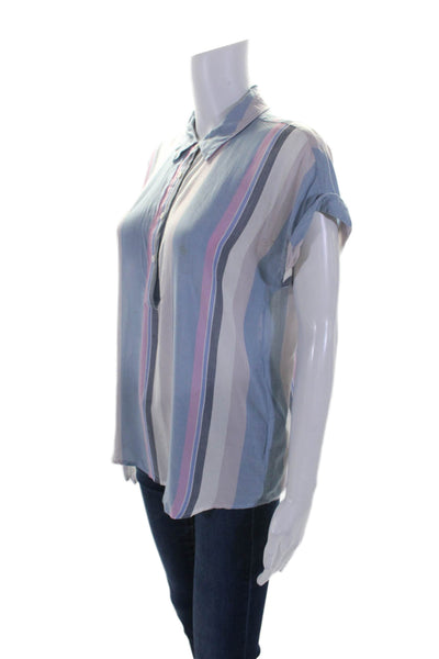 Vince Camuto Womens V-Neck Short Sleeve Button Up Blouse Top Blue Size XS