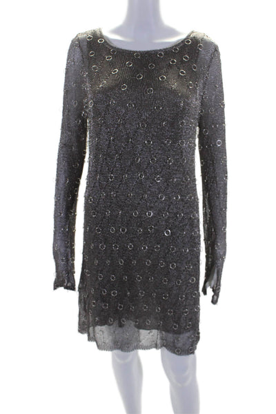 Zara Knit Womens Long Sleeve Scoop Neck Open Knit Ring Dress Silver Tone Medium