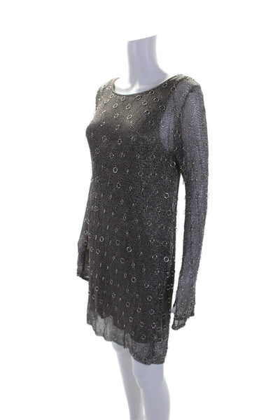 Zara Knit Womens Long Sleeve Scoop Neck Open Knit Ring Dress Silver Tone Medium