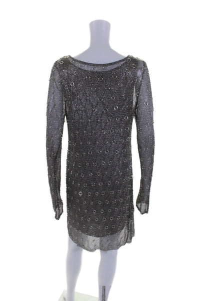 Zara Knit Womens Long Sleeve Scoop Neck Open Knit Ring Dress Silver Tone Medium