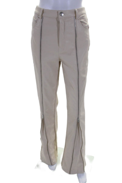 NBD Womens Zipper Fly Mid Rise Straight Leg Faux Leather Pants Beige Size Small