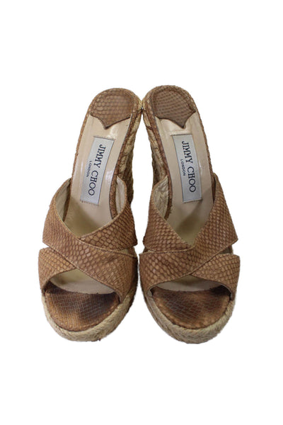 Jimmy Choo Womens Brown Snakeskin Print Criss Cross Wedge Heels Shoes Size 7