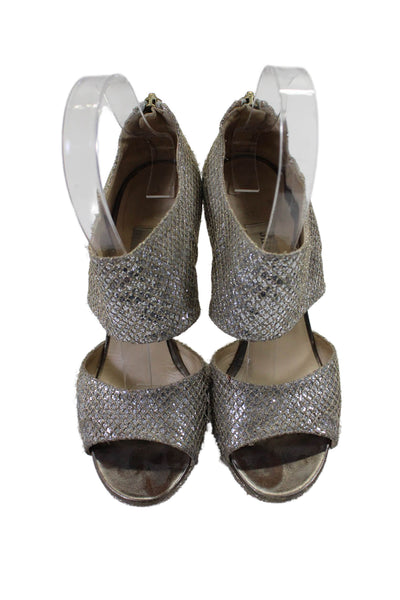 Jimmy Choo Womens Glittery Silver Textured Open Toe Heels Sandals Shoes Size 6.5