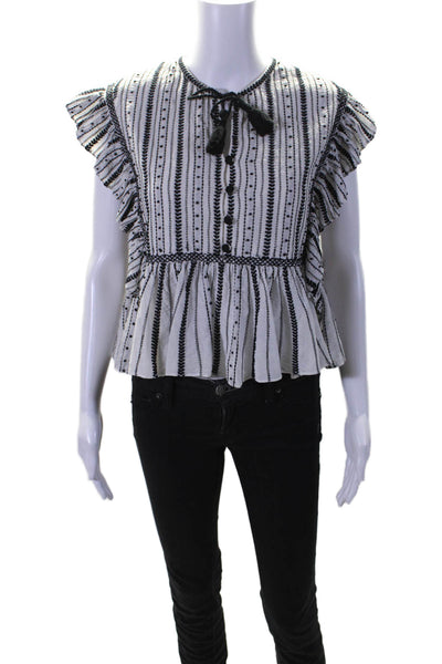 Sea New York Womens Ruffled Striped Embroidered Keyhole Top White Black Size 0