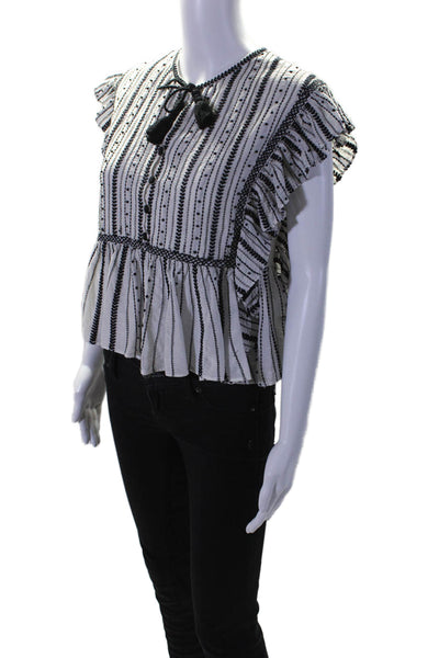 Sea New York Womens Ruffled Striped Embroidered Keyhole Top White Black Size 0