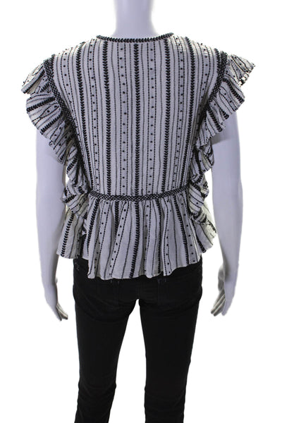 Sea New York Womens Ruffled Striped Embroidered Keyhole Top White Black Size 0