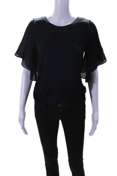 Kobi Halperin Womens Pleated Short Sleeve Scoop Neck Tee Shirt Navy Blue Size XS