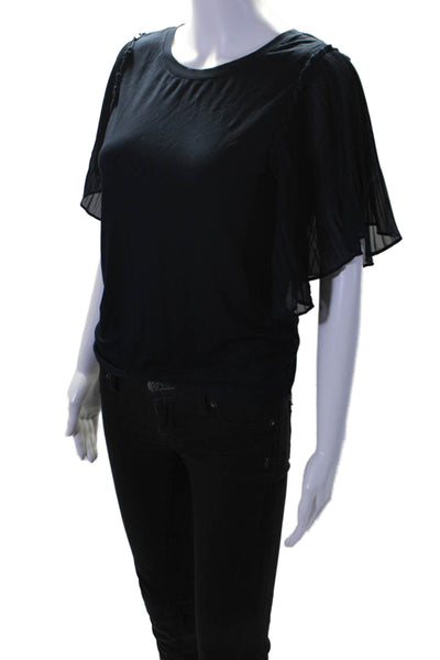 Kobi Halperin Womens Pleated Short Sleeve Scoop Neck Tee Shirt Navy Blue Size XS