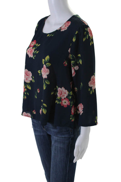 Cupcakes And Cashmere Womens Crepe Floral Print Long Sleeve Blouse Blue Size L