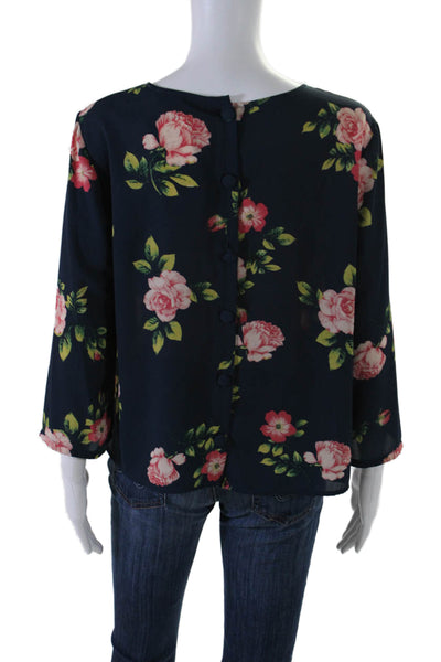 Cupcakes And Cashmere Womens Crepe Floral Print Long Sleeve Blouse Blue Size L