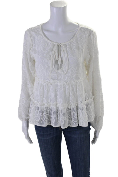 BB Dakota Womens Floral Embroidery Tie Neck Long Sleeve Tiered Top White Size M