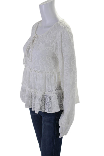 BB Dakota Womens Floral Embroidery Tie Neck Long Sleeve Tiered Top White Size M