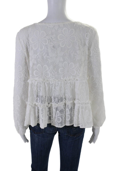 BB Dakota Womens Floral Embroidery Tie Neck Long Sleeve Tiered Top White Size M