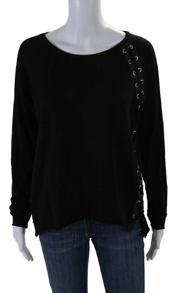 Generation Love Womens Fleece Long Sleeve Boat Neck Lace Up Top Black Size XS