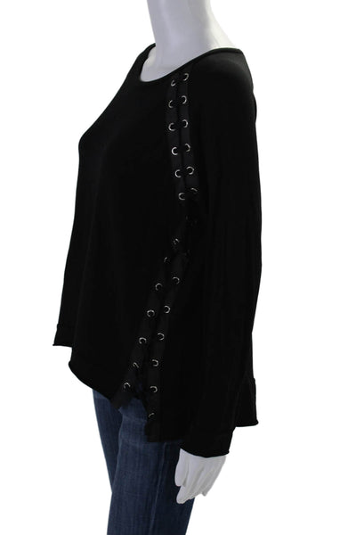 Generation Love Womens Fleece Long Sleeve Boat Neck Lace Up Top Black Size XS