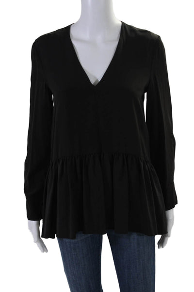 Tibi Womens Silk Charmeuse Long Sleeve V-Neck High Low Tunic Blouse Black Size 0