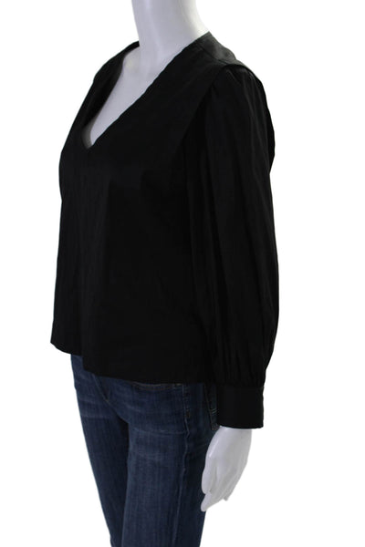 Finley Womens Cotton Poplin Long Sleeve Single Cuff V-Neck Shirt Black Size XS