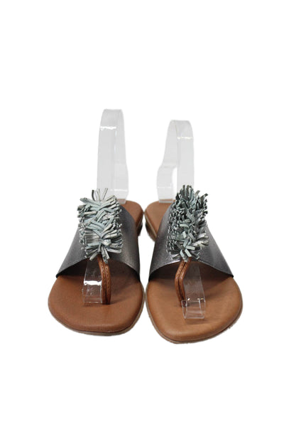 Andre Assous Womens Frayed Pom Pom T-Strapped Flip Flop Sandals Silver Size 7