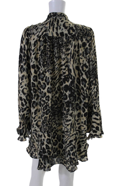 Parker Womens Leopard Print Ruffled Long Sleeve Shift Dress White Gray Size M