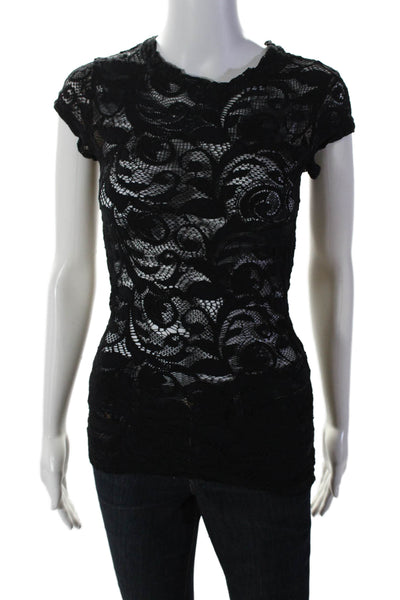 Calvin Rucker Womens Lace Round Neck Short Sleeve Pullover Top Black Size S
