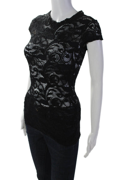 Calvin Rucker Womens Lace Round Neck Short Sleeve Pullover Top Black Size S