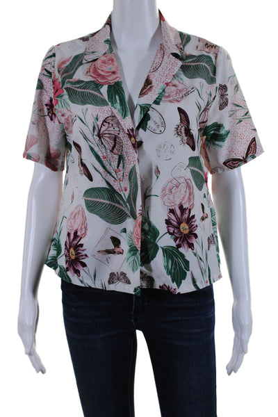 Muze New York Womens White Floral Collar Short Sleeve Button Down Shirt Size 8