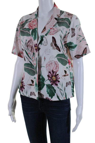 Muze New York Womens White Floral Collar Short Sleeve Button Down Shirt Size 8