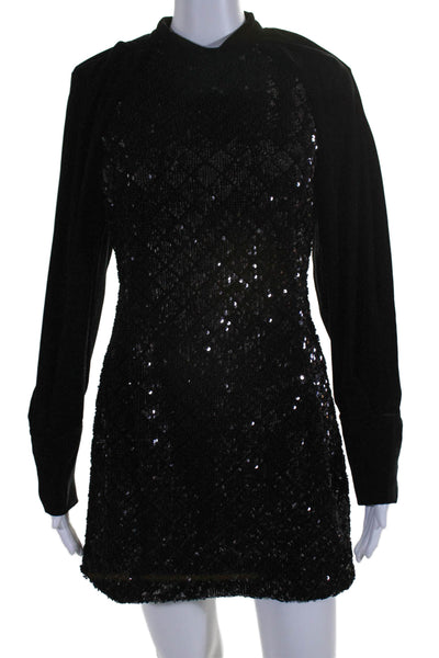 Zara Womens Velvet Trim Long Sleeve Sequin Bodycon Dress Black Size S