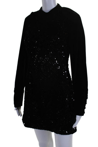 Zara Womens Velvet Trim Long Sleeve Sequin Bodycon Dress Black Size S