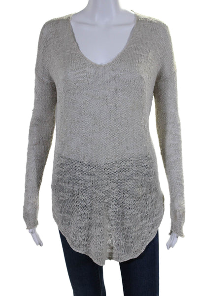 Helmut Lang Womens Silk Beige Scoop Neck Long Sleeve Open Knit Sweater Top SizeS