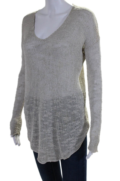 Helmut Lang Womens Silk Beige Scoop Neck Long Sleeve Open Knit Sweater Top SizeS