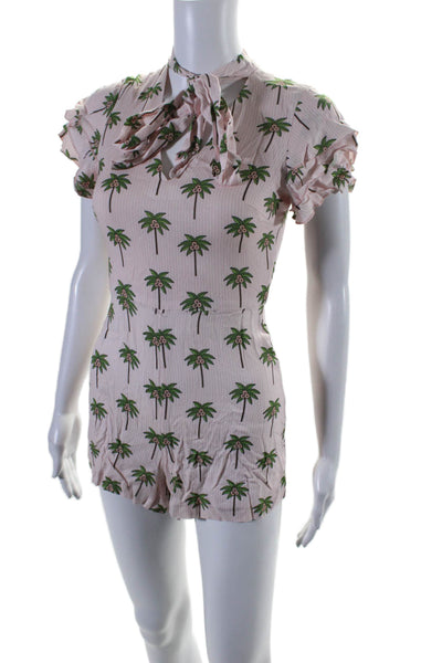 Alice + Olivia Womens Crepe Palm Tree Print V-Neck One Piece Romper Pink Size S