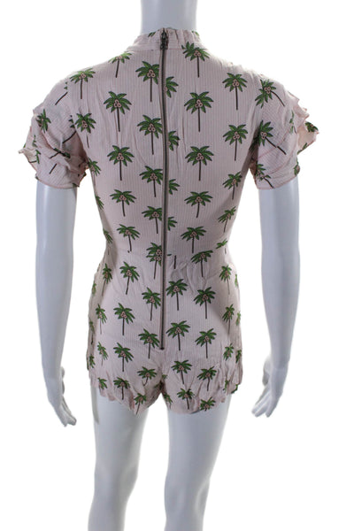 Alice + Olivia Womens Crepe Palm Tree Print V-Neck One Piece Romper Pink Size S