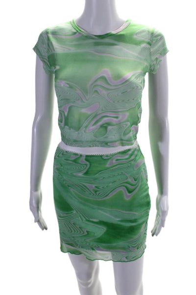 NIA Womens Mesh Abstract Print Short Sleeve Top Mini Skirt Set Neon Green Size S