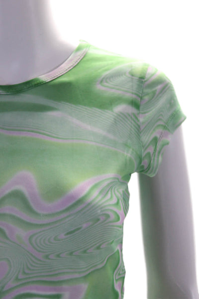 NIA Womens Mesh Abstract Print Short Sleeve Top Mini Skirt Set Neon Green Size S