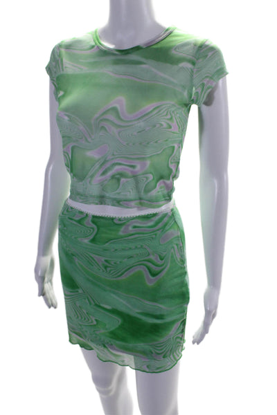 NIA Womens Mesh Abstract Print Short Sleeve Top Mini Skirt Set Neon Green Size S