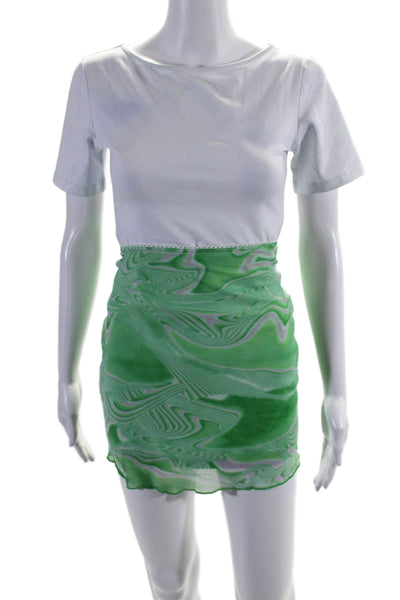 NIA Womens Mesh Abstract Print Short Sleeve Top Mini Skirt Set Neon Green Size S