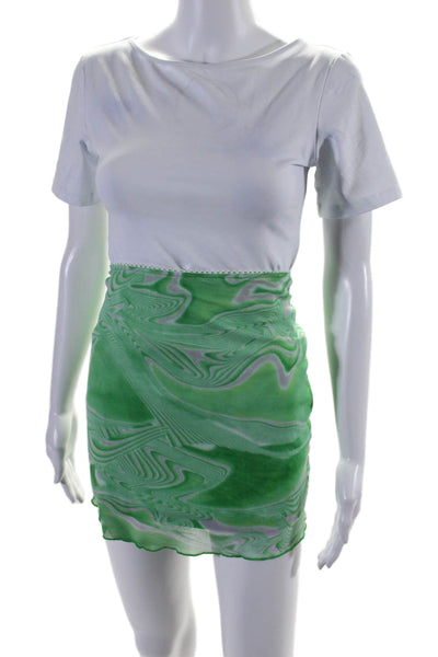 NIA Womens Mesh Abstract Print Short Sleeve Top Mini Skirt Set Neon Green Size S