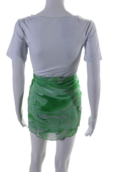 NIA Womens Mesh Abstract Print Short Sleeve Top Mini Skirt Set Neon Green Size S