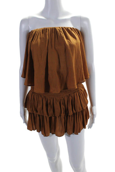 Mustard Seed Womens Satin Ruffled Overlay Sleeveless Blouson Dress Brown Size S
