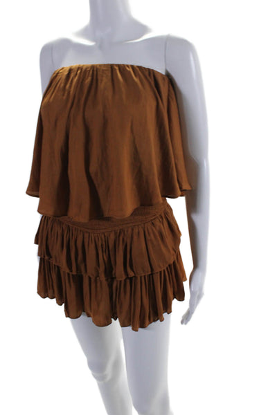 Mustard Seed Womens Satin Ruffled Overlay Sleeveless Blouson Dress Brown Size S