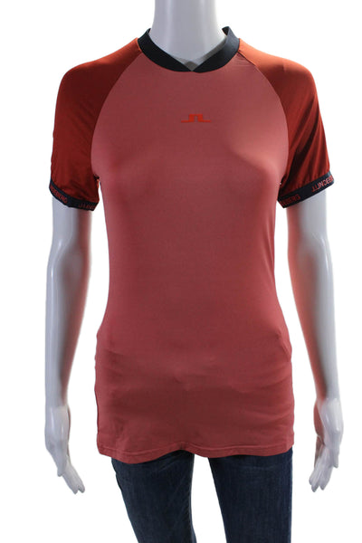 J. Lindeberg Womens Colorblock Print Short Sleeve Crewneck Sienna Top Red Size S