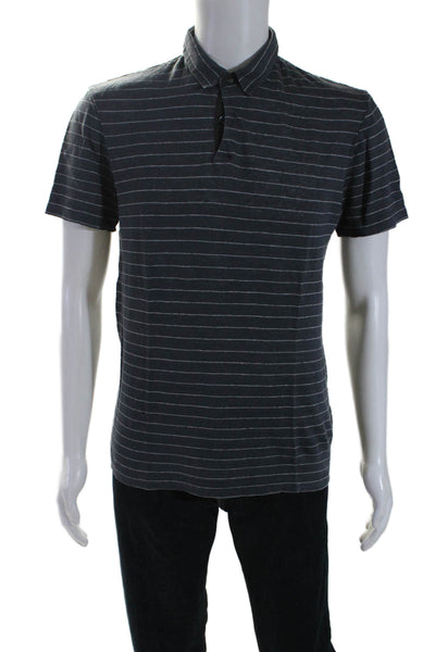 Theory Mens Linen Striped Buttoned Collared Short Sleeve Polo Top Blue Size M